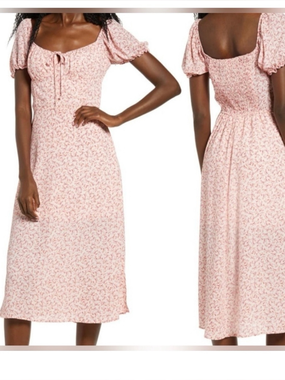 Row A Pink Floral Midi Dress with Puff Sleeves